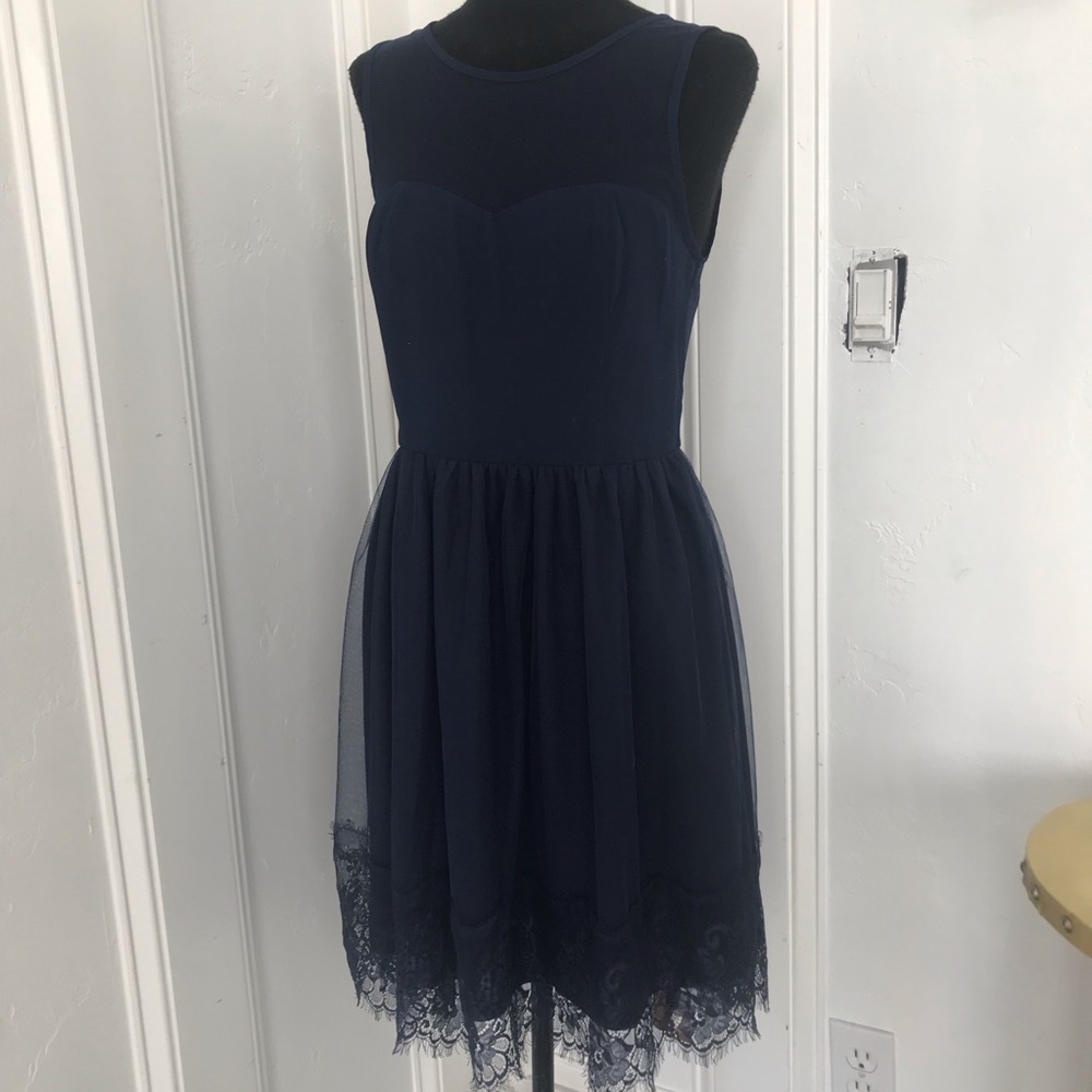 Pretty navy blue Ya dress NWT lace accents at hem